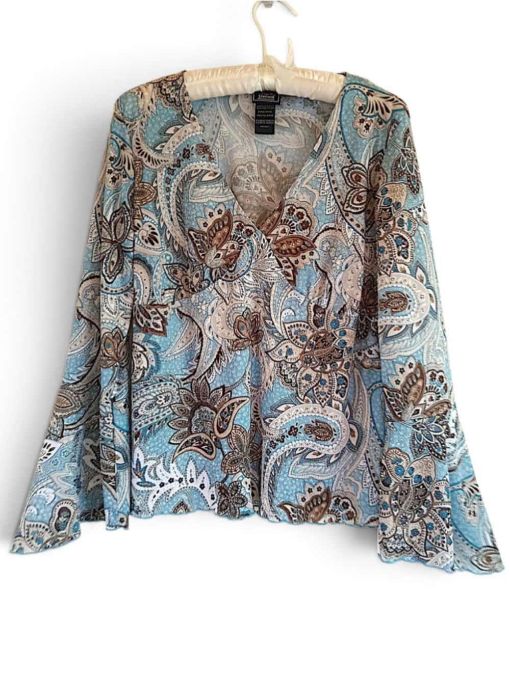 Route 66 Paisley Mesh Blouse Turquoise Blue Brown sheer bell sleeves western 90s